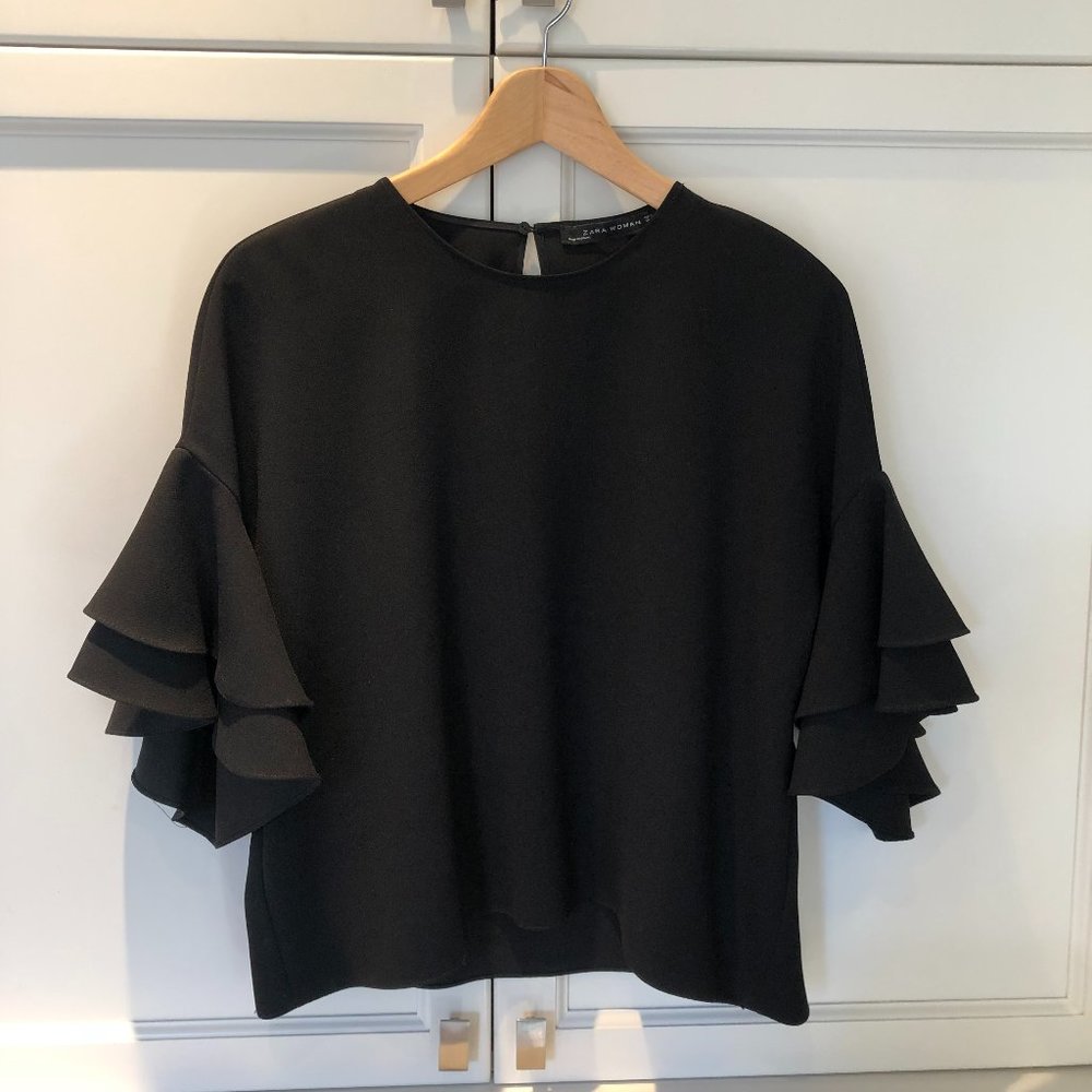 Zara Black Crepe Ruffle Sleeve Top